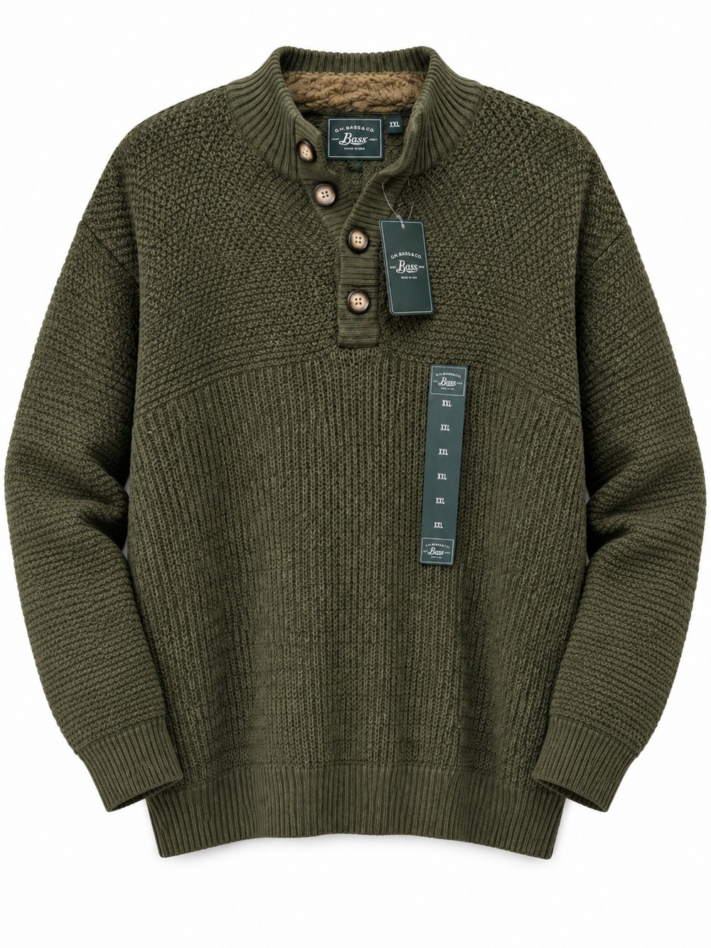 G.H. Bass & Co Men's XXL Olive Green Mock Neck 1/4 Button Sweater NWT